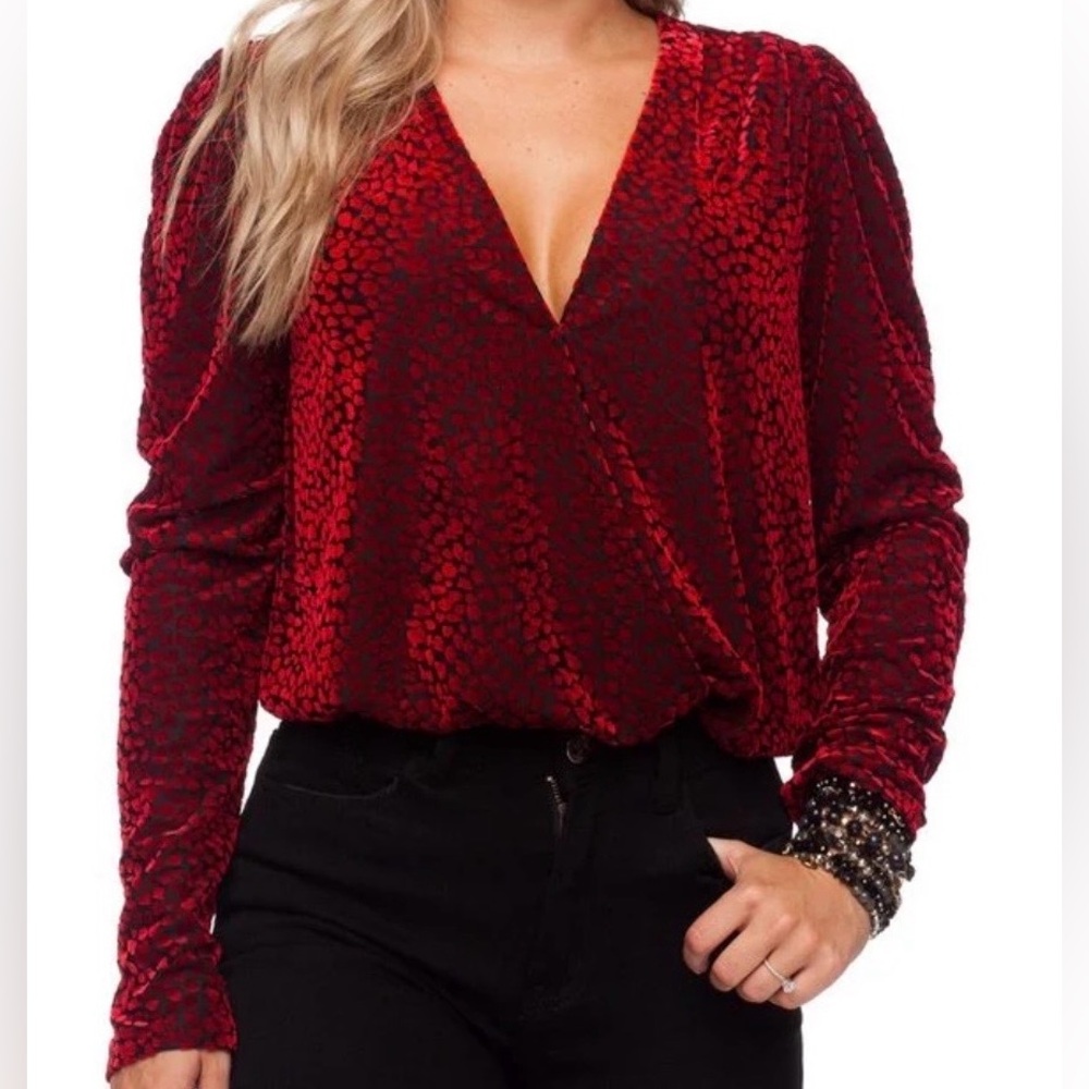 NWOT Buddy Love, Faux Wrap Body Suit, Black with Red Velvet Animal Print, Size S - Picture 6 of 9